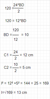 Aria unui romb este 120 cm². Lunigimea unei diagonale este de 24 cm. Determinați lungimea laturii rombului.
